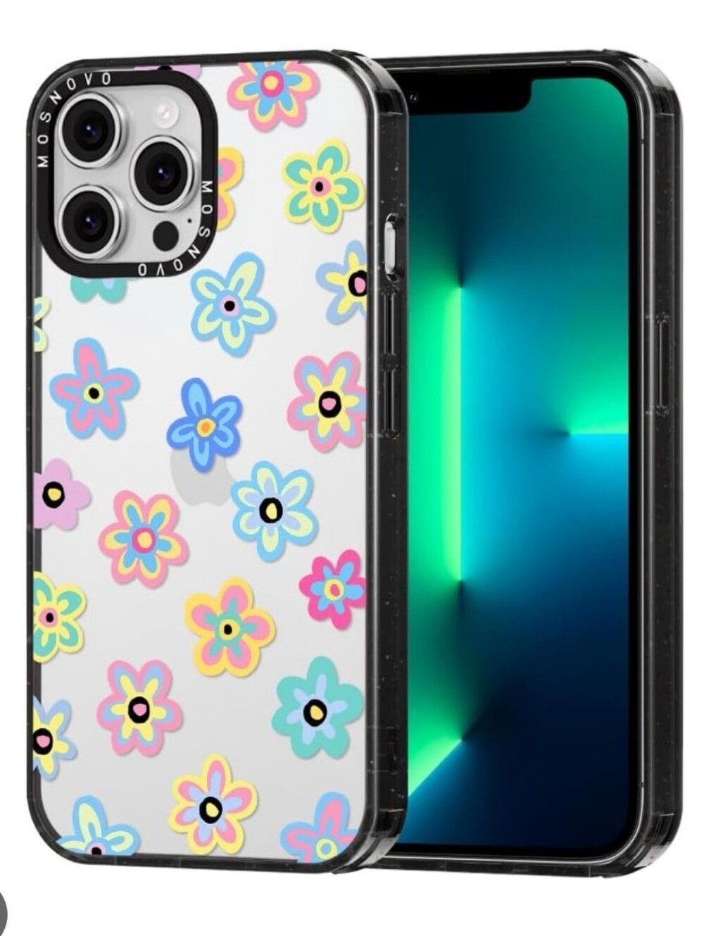 MOSNOVO Case for iPhone 13 Pro Max | Groovy Flower | Clear Black ShockStone